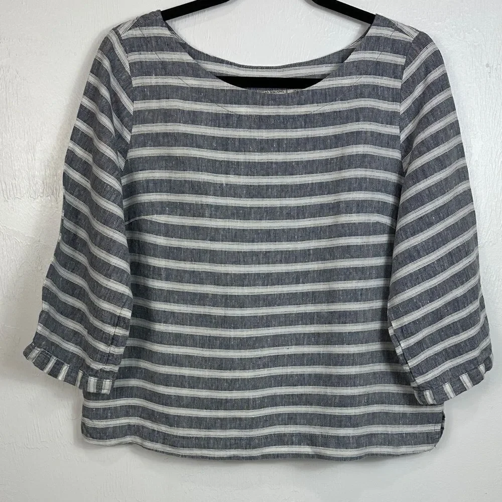 Christian Siriano Linen Gray And White Striped 3/4 Sleeve Top Size L